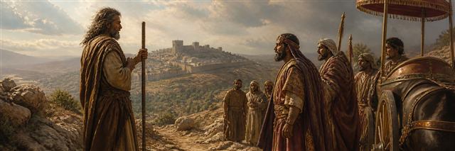 Elijah confronting King Ahaziah’s messengers on a rocky road above Samaria